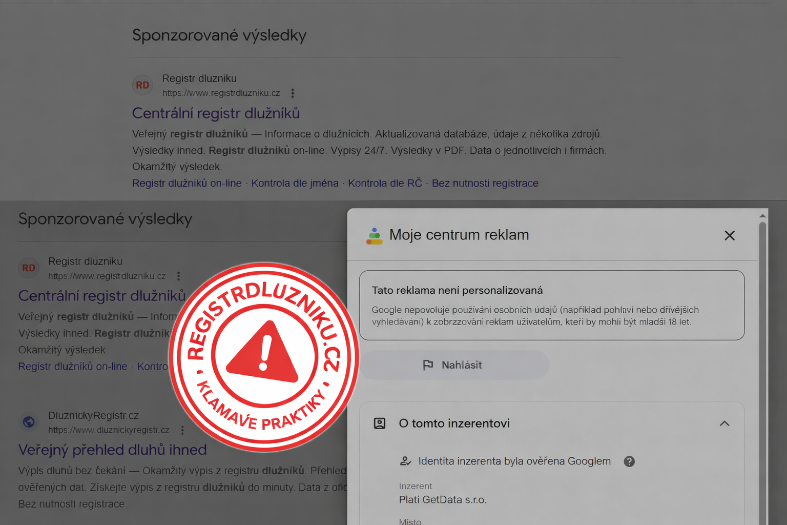 Klamavý praktiky webu registrdluniku.cz (GetData.cz)